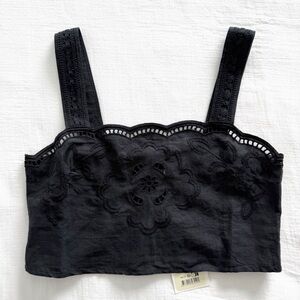 Black Sezane Marga Linen & Cotton Embroidered Top